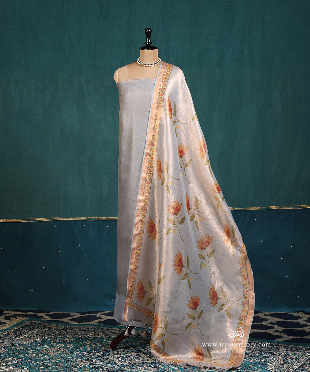 Grey_Handloom_Pure_Cotton_Tissue_Banarasi_Suit_Set_Fabric_With_Printed_Nandi_Lotus_Dupatta_WeaverStory_01