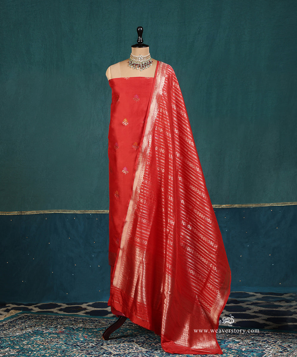 Red_Handloom_Pure_Katan_Silk_Banarasi Suit_Set_Fabric_With_Geometric_And_Strips_WeaverStory_01