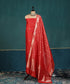 Red_Handloom_Pure_Katan_Silk_Banarasi Suit_Set_Fabric_With_Geometric_And_Strips_WeaverStory_01