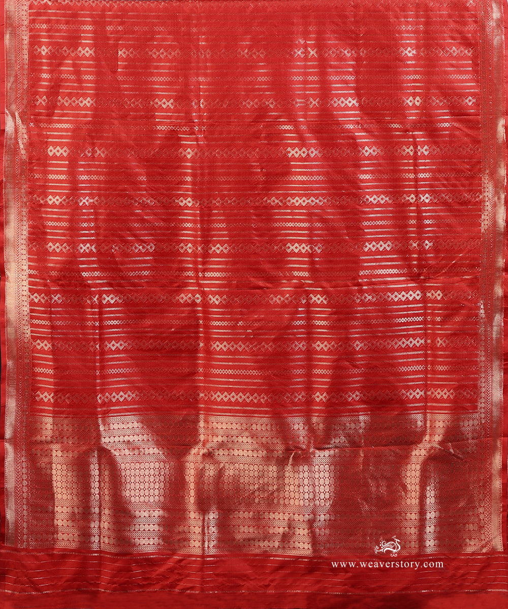 Red_Handloom_Pure_Katan_Silk_Banarasi Suit_Set_Fabric_With_Geometric_And_Strips_WeaverStory_04
