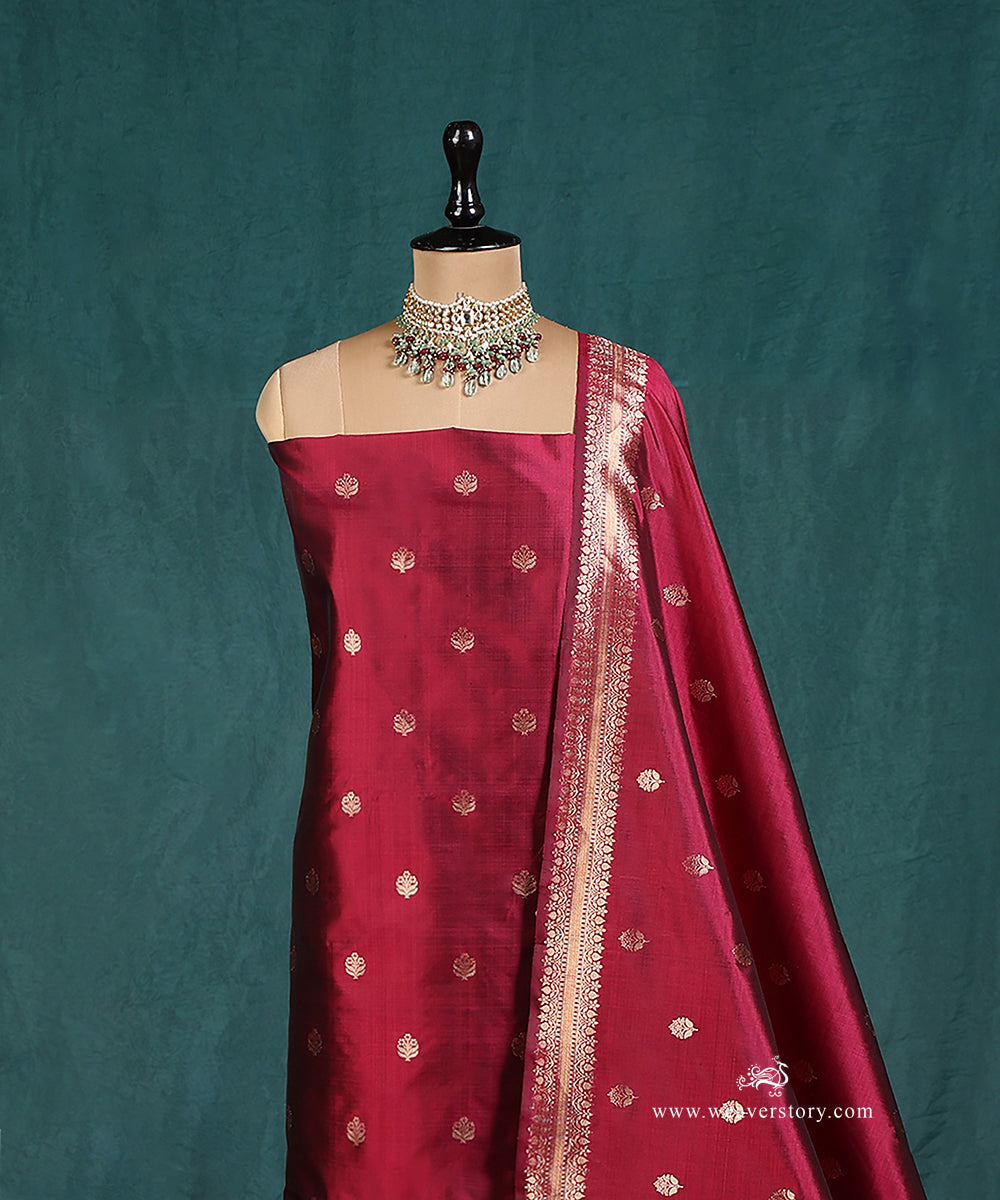Handloom_Wine_Pure_Katan_Silk_Banarasi Suit_Set_Fabric_With_Gold_Boota_WeaverStory_03