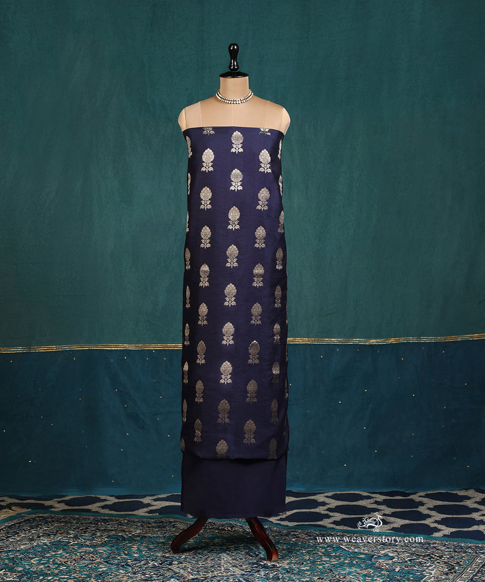 Blue_Handloom_Pure_Cotton_Silk_Banarasi_Suit_Set_Fabric_With_Floral_Boota_WeaverStory_02