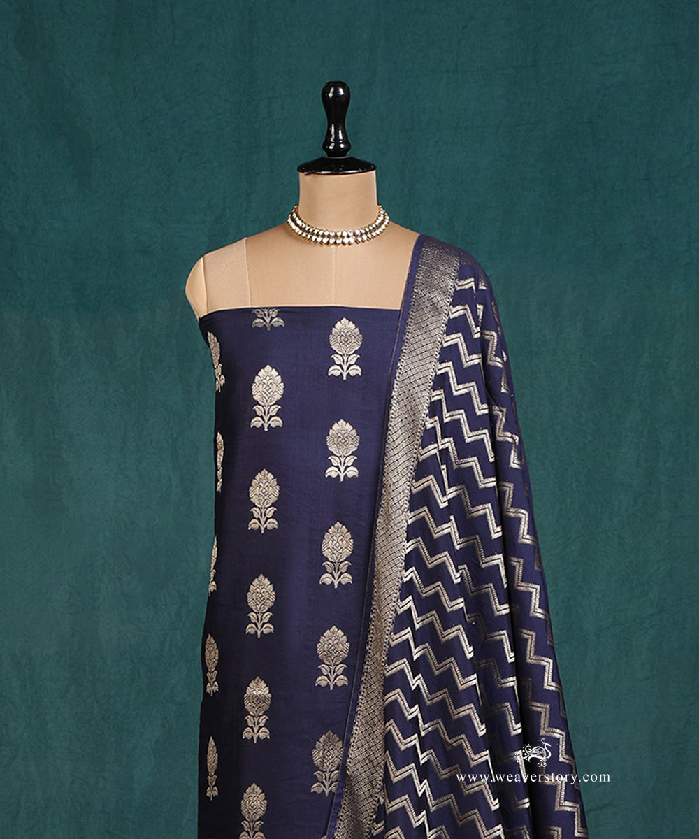 Blue_Handloom_Pure_Cotton_Silk_Banarasi_Suit_Set_Fabric_With_Floral_Boota_WeaverStory_03