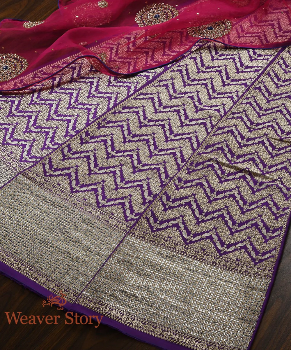 Purple Handloom Kadhwa Silk Banarasi Lehenga With Gold And Silver Zari