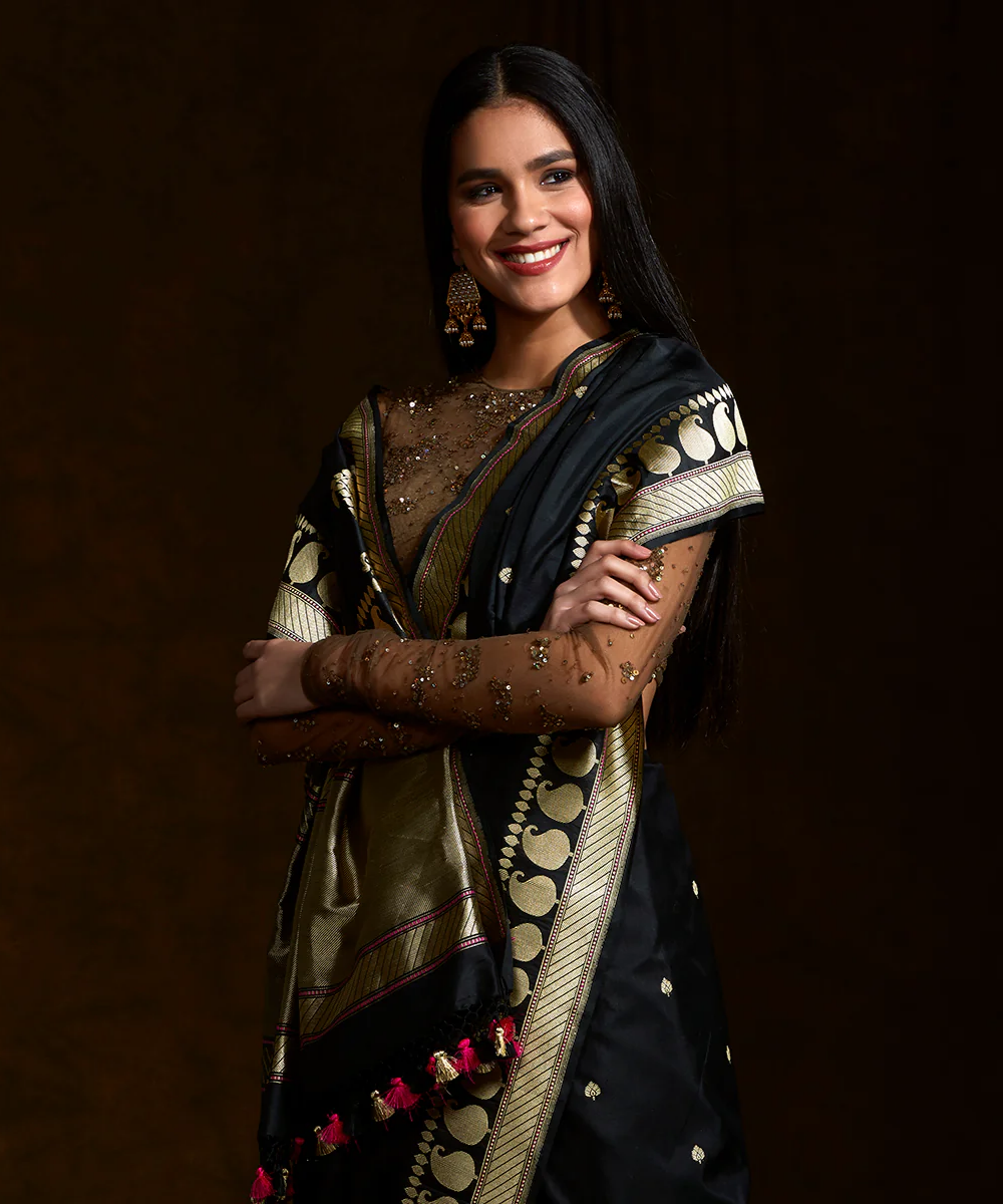 Black Banarasi Handloom Kadhwa Boota Saree With Paisley Border