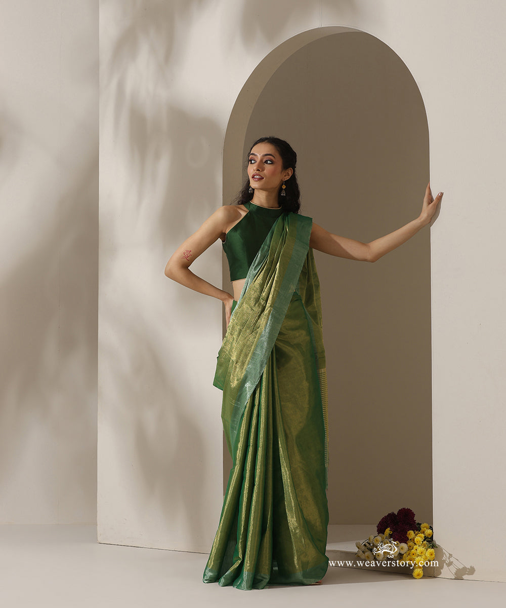 Green_Handloom_Tissue_Chanderi_Golden_Zari_Saree_With_Silver_Zari_Border_WeaverStory_01