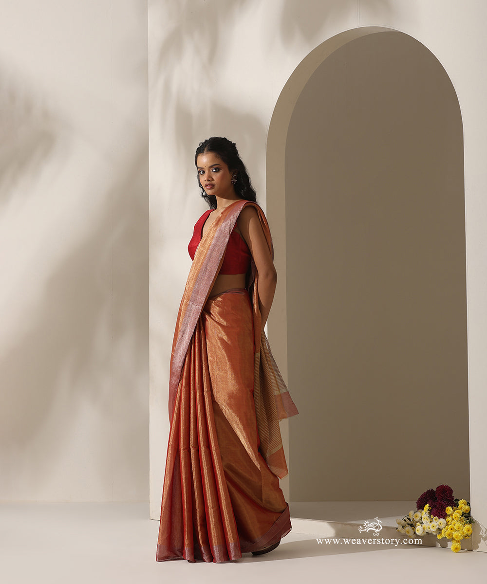 Red_Handloom_Tissue_Chanderi_Golden_Zari_Saree_With_Silver_Zari_Border_WeaverStory_01