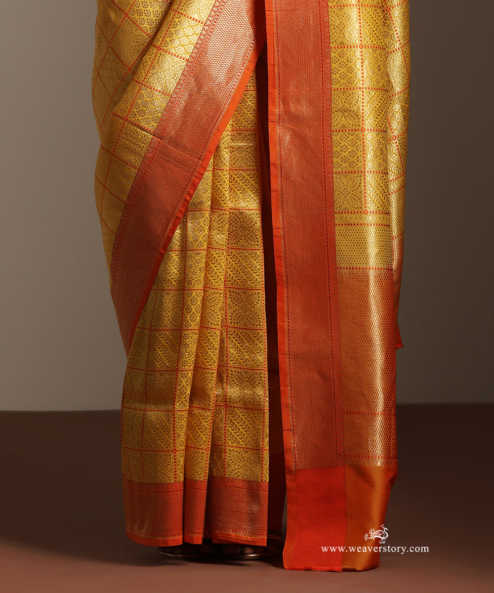 Yellow_Banarasi_Brocade_Saree_With_Orange_Contrast_Border_WeaverStory_04