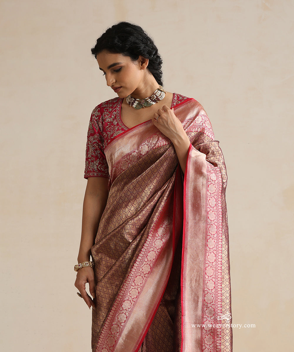 Handloom_Wine_Pure_Katan_Silk_Zari_Tanchoi_Banarasi_Saree_With_Pink_Kadhwa_Floral_Border_WeaverStory_02