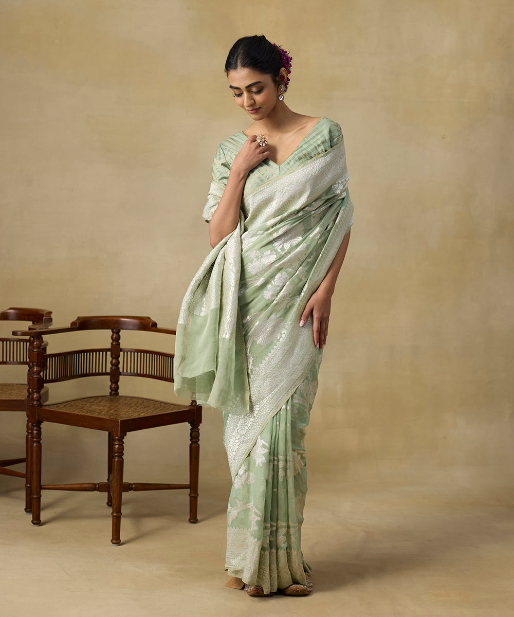 Handloom_Pista_Green_Pure_Tissue_Georgette_Banarasi_Saree_With_Floral_Jaal_WeaverStory_01
