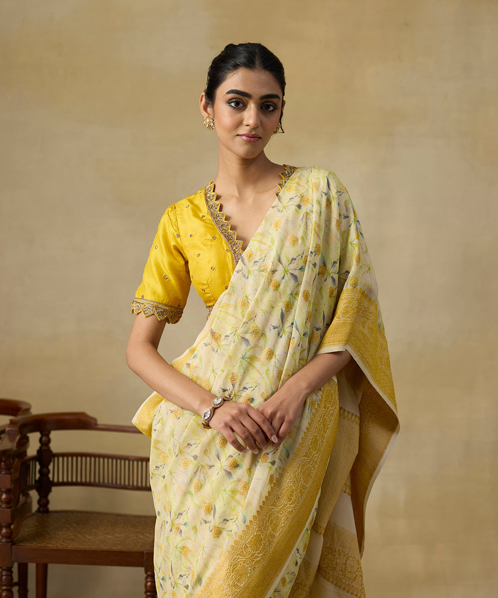 Handloom_Beige_Pure_Georgette_Banarasi_Saree_With_Printing_And_Kadhwa_Border_WeaverStory_02