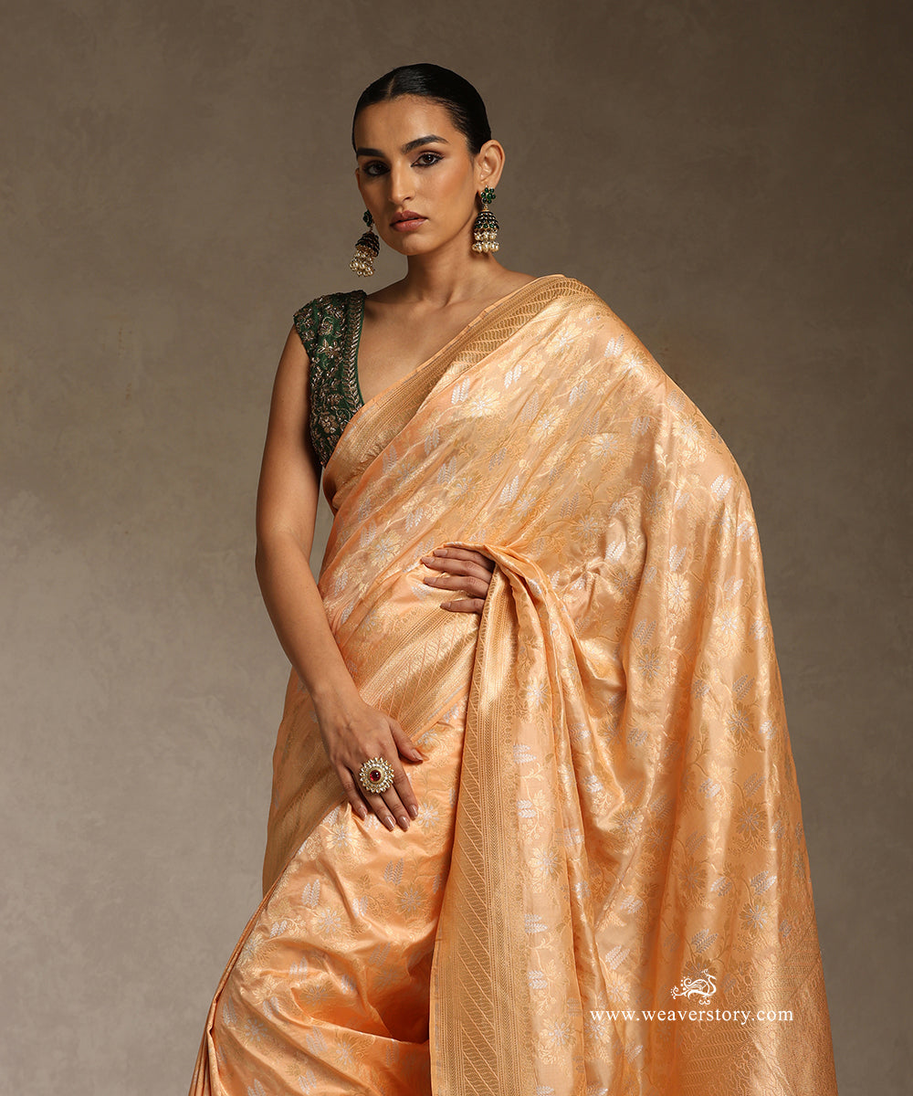 Orange_Peach_Handloom_Katan_Silk_Floral_Sona_Rupa_Cutwork_Jaal_Banarasi_Saree_WeaverStory_02