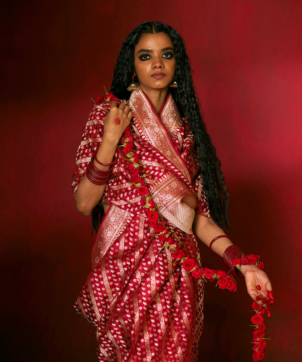 Maroon Handloom Pure Katan Silk Banarasi Saree With Aada Sona Rupa Jaal