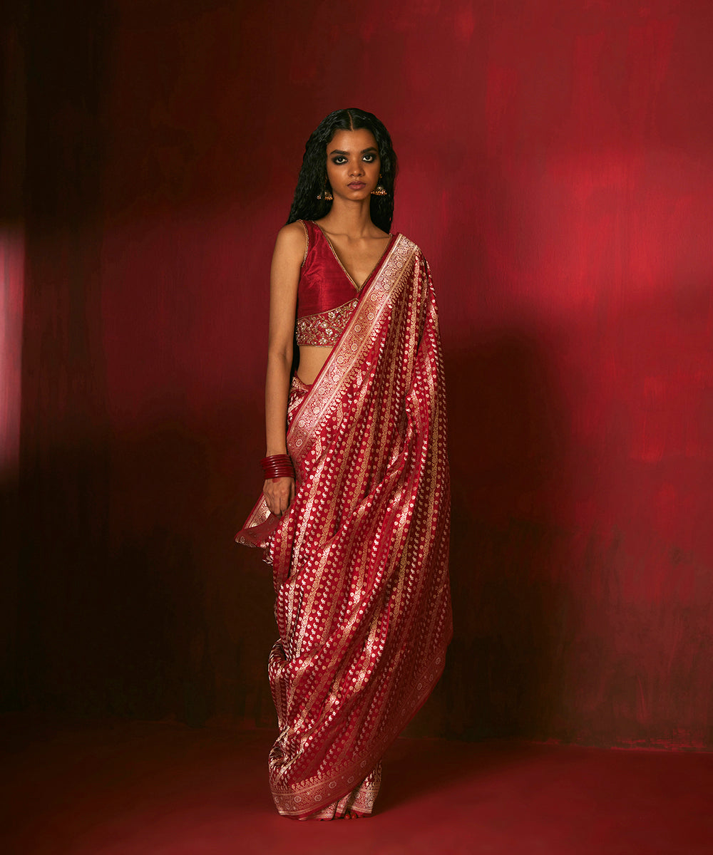 Maroon Handloom Pure Katan Silk Banarasi Saree With Aada Sona Rupa Jaal