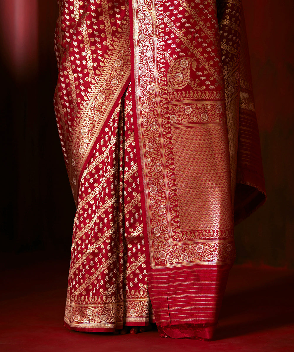 Maroon Handloom Pure Katan Silk Banarasi Saree With Aada Sona Rupa Jaal