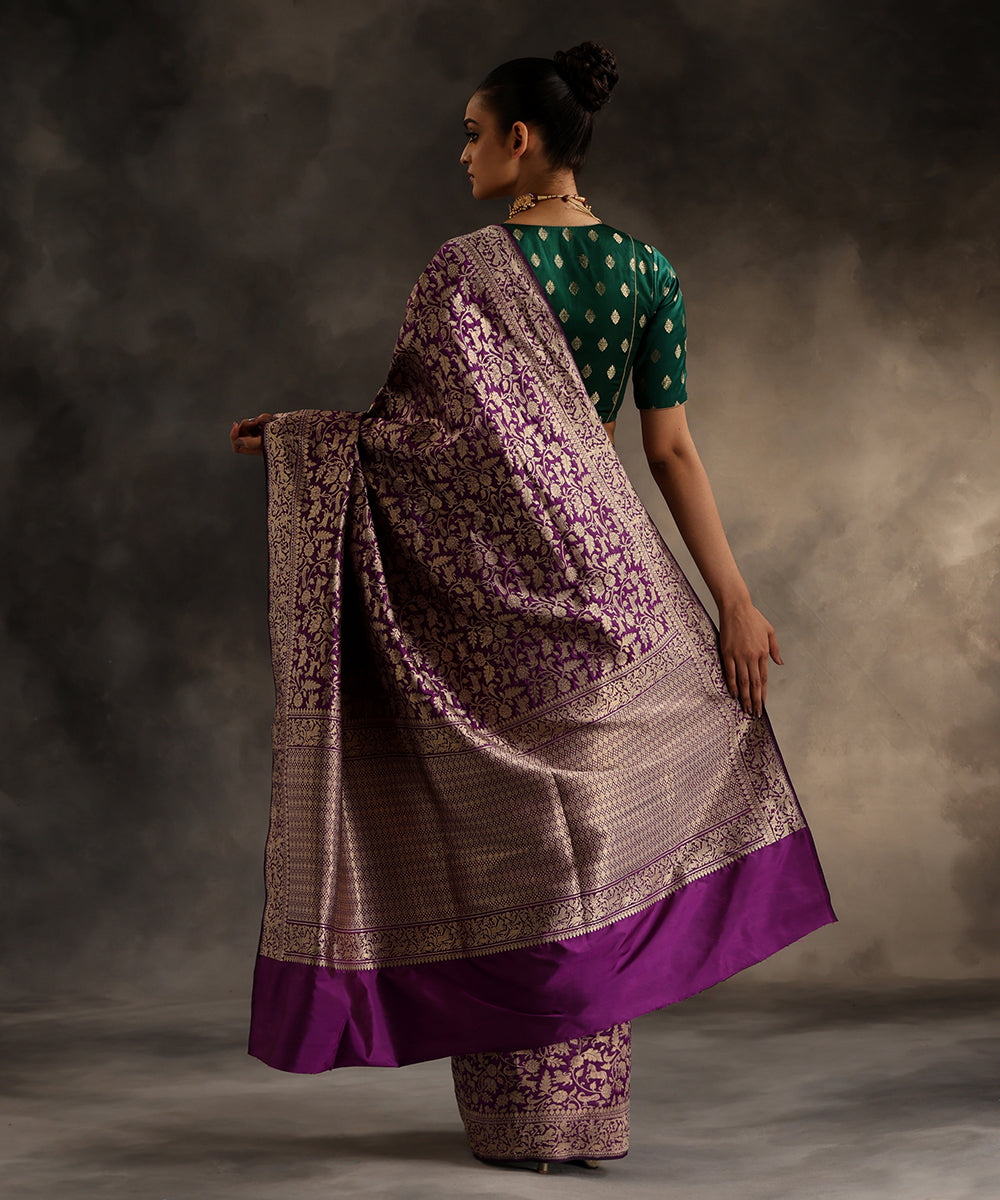 Handloom Purple Pure Katan Silk Shikargah Banarasi Saree