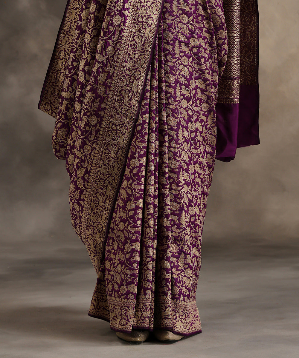 Handloom Purple Pure Katan Silk Shikargah Banarasi Saree