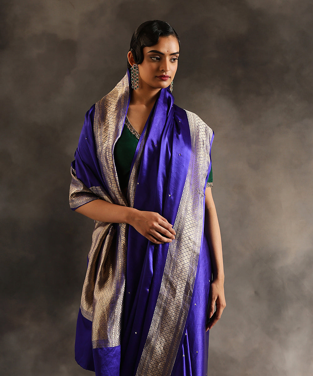 Handloom Ink Blue Pure Satin Silk Banarasi Saree With Border