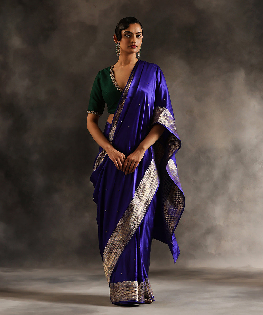 Handloom Ink Blue Pure Satin Silk Banarasi Saree With Border