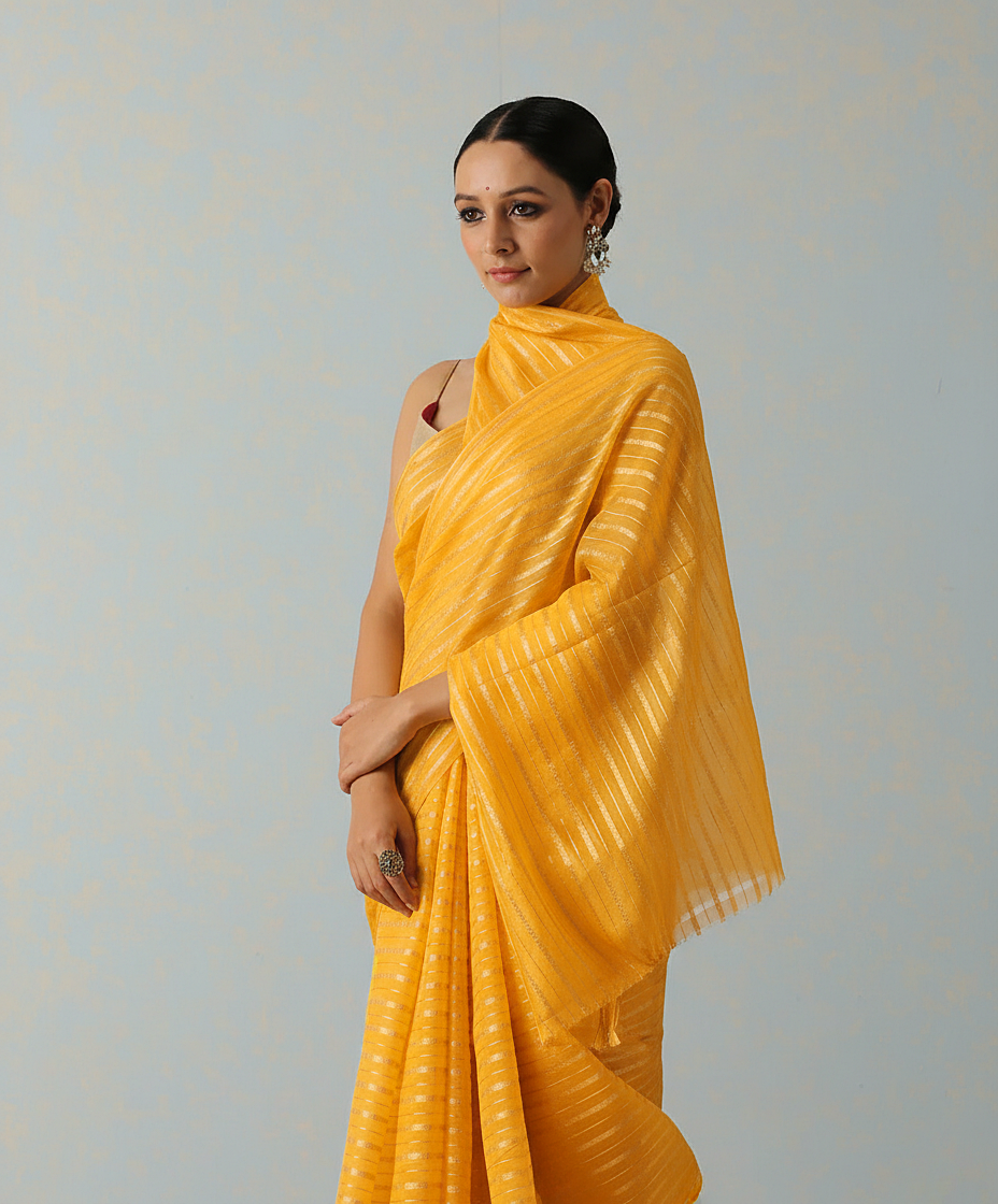 Handloom Yellow Katan Silk Banarasi Saree With Horizontal Stripes