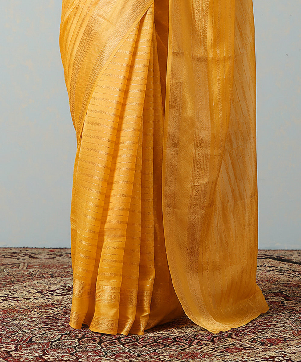 Handloom Yellow Katan Silk Banarasi Saree With Horizontal Stripes