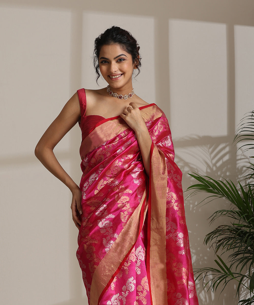 Rani_Pink_Handloom_Pure_Chanderi_Silk_Saree_With_All_Over_Sona_Rupa_Meena_Jaal_And_Tissue_Border_WeaverStory01