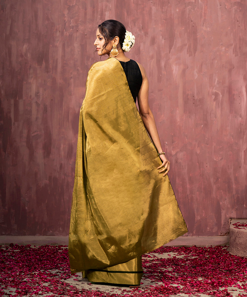 Handloom Dark Gold Tissue Chanderi Silk Saree With Black Thin Woven Border