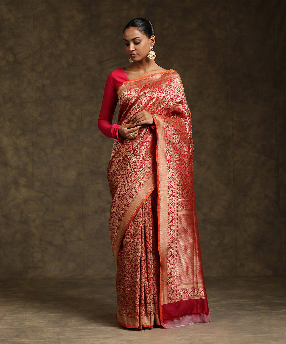 Handloom Red Pure Katan Silk Banarasi Saree With Meena Booti