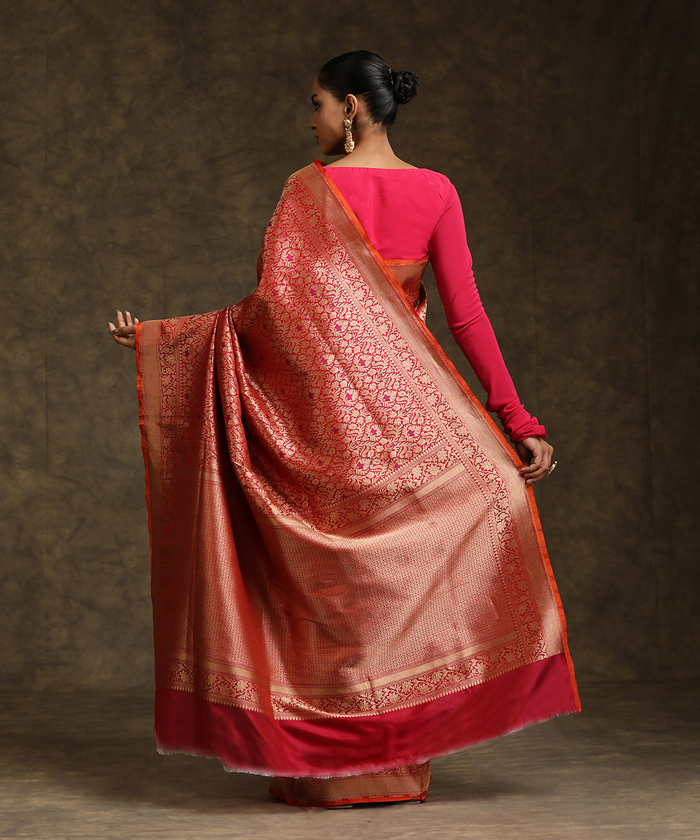 Handloom Red Pure Katan Silk Banarasi Saree With Meena Booti