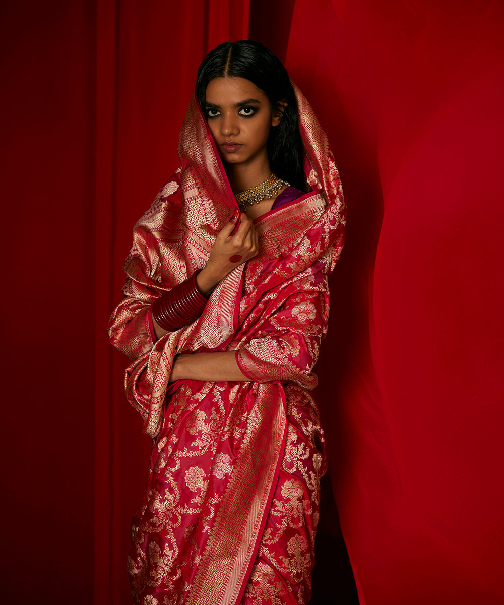 Rani Pink Handloom Pure Katan Silk Banarasi Saree With Meenakari Floral Jaal