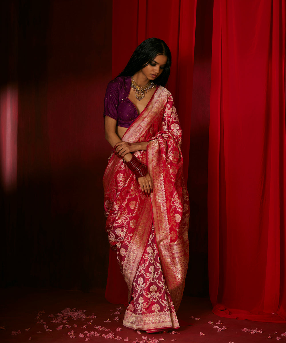 Rani Pink Handloom Pure Katan Silk Banarasi Saree With Meenakari Floral Jaal