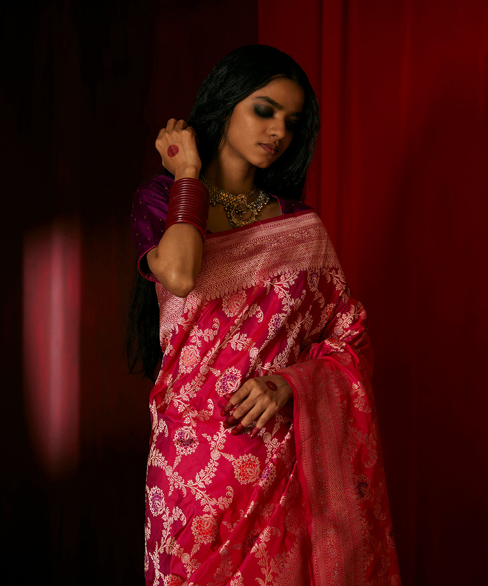 Rani Pink Handloom Pure Katan Silk Banarasi Saree With Meenakari Floral Motifs