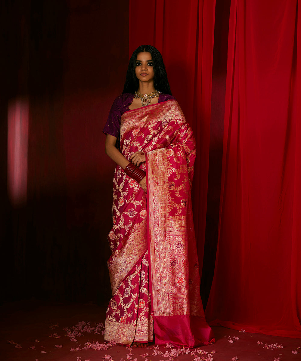 Rani Pink Handloom Pure Katan Silk Banarasi Saree With Meenakari Floral Motifs