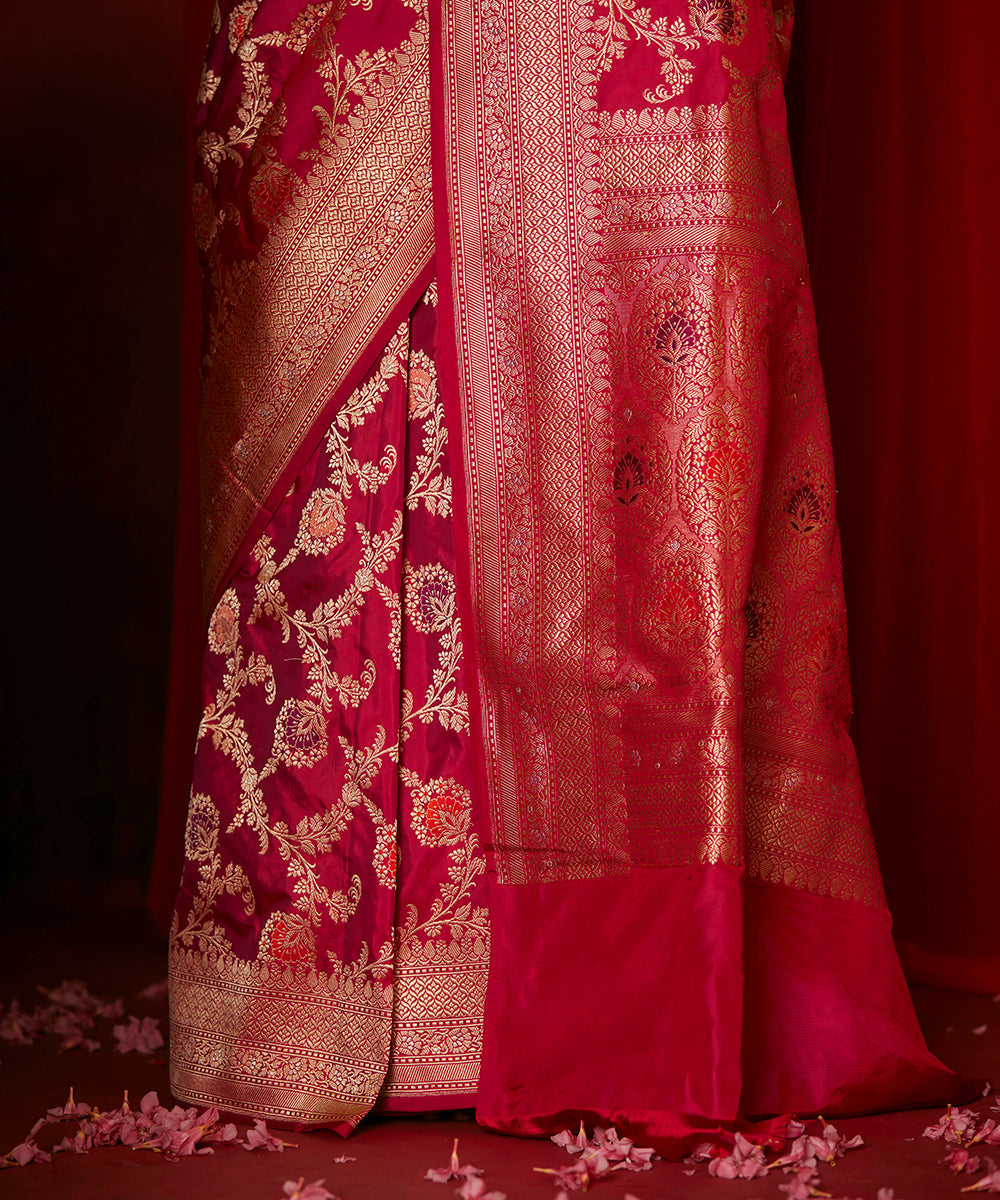 Rani Pink Handloom Pure Katan Silk Banarasi Saree With Meenakari Floral Motifs