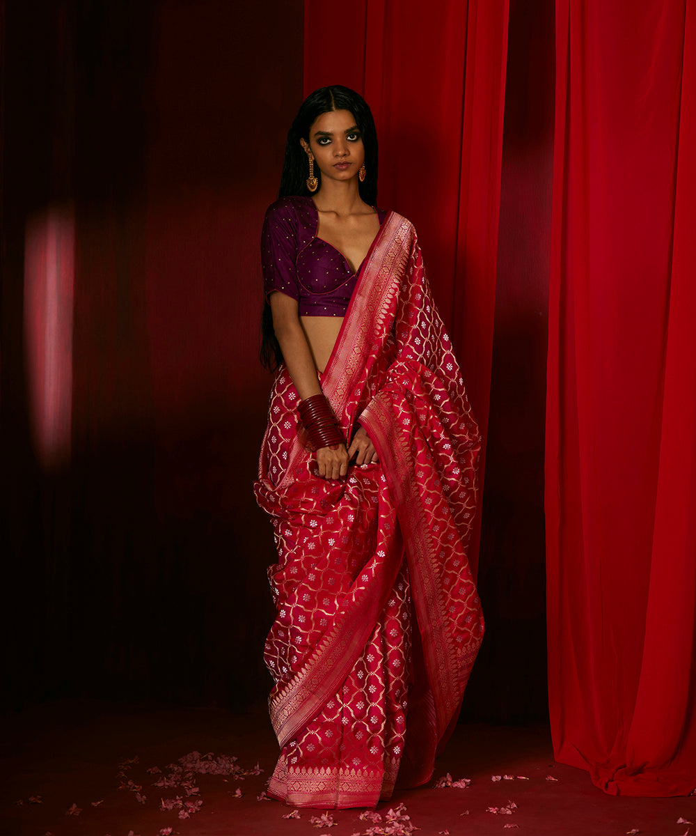 Rani Pink Pure Katan Silk Banarasi Saree With Zari Kadhwa Jaal