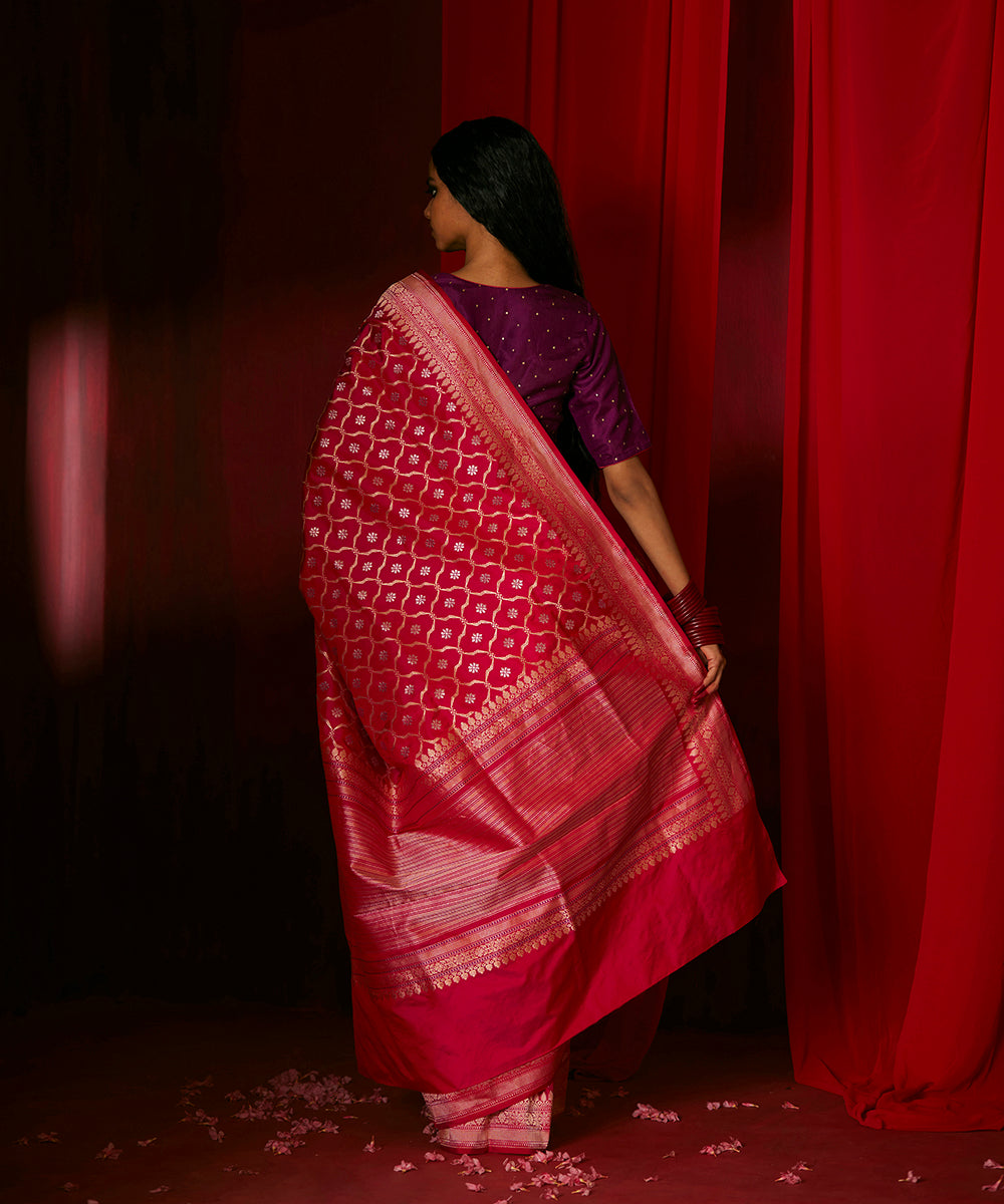 Rani Pink Pure Katan Silk Banarasi Saree With Zari Kadhwa Jaal