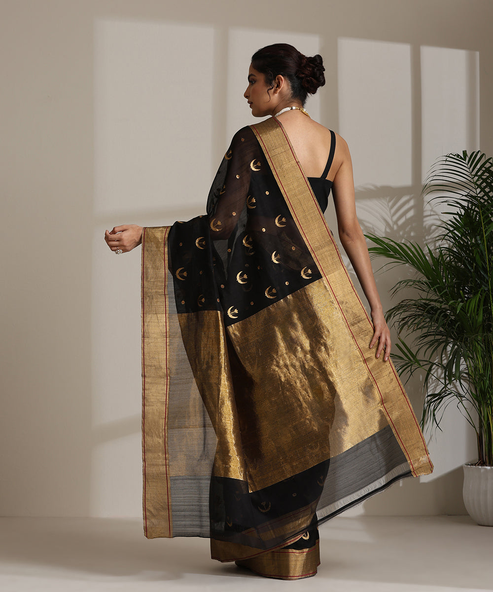 Handloom_Black_Pure_Cotton_Silk_Pure_Chanderi_Saree_With_All_Over_Zari_Motifs_And_Gold_Border_WeaverStory03