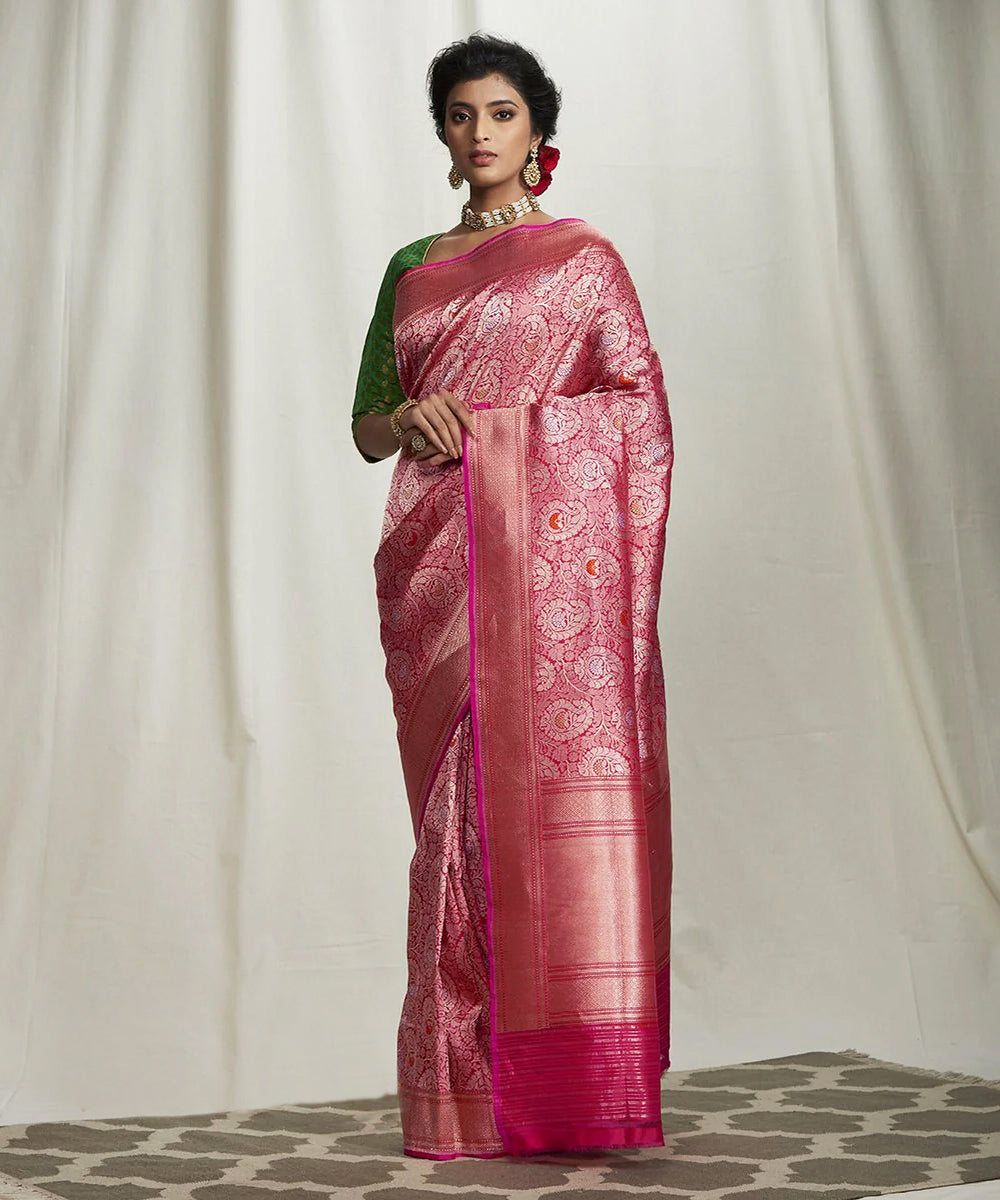 Handwoven Pink Kimkhab Banarasi Saree With Paisleys