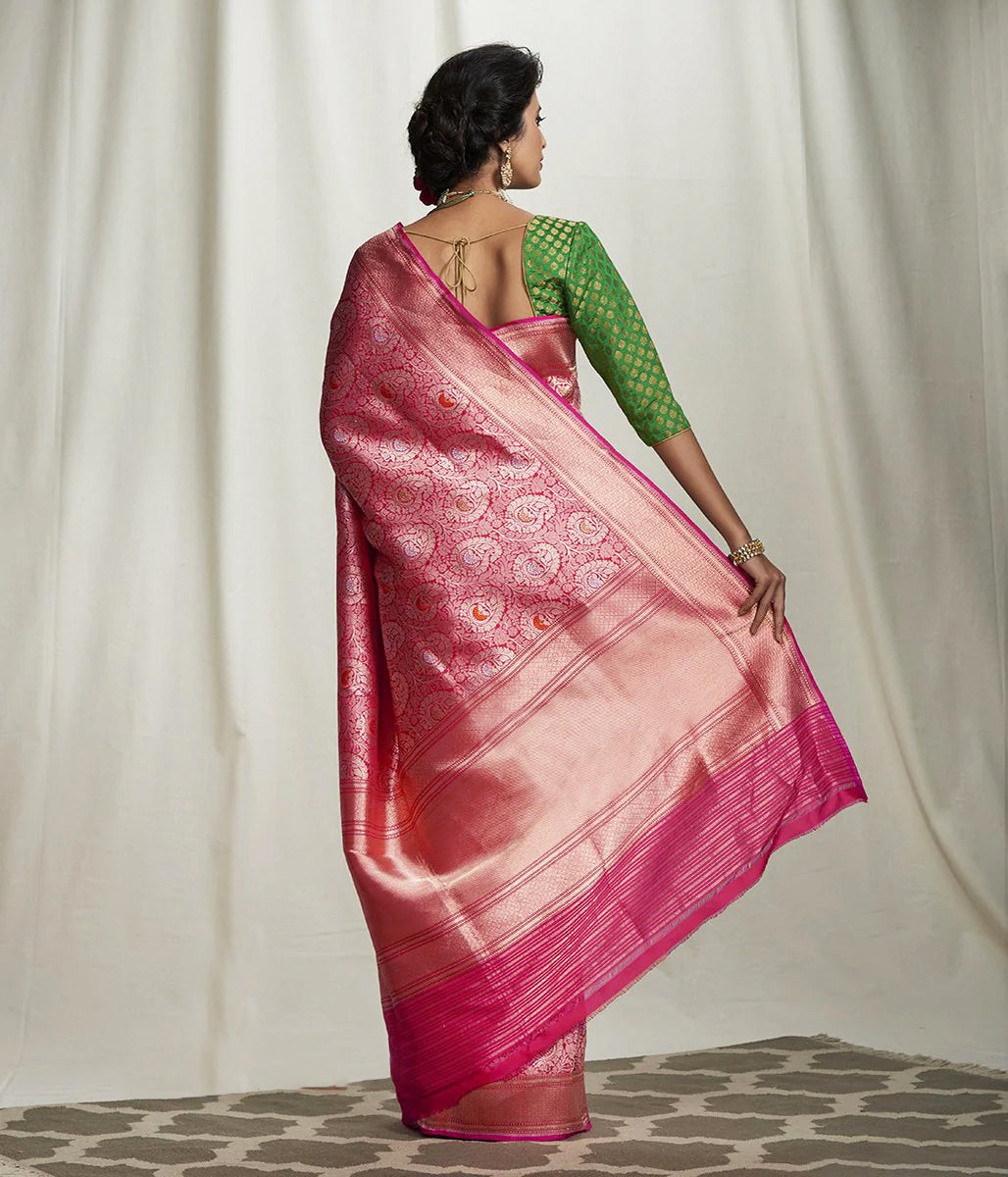 Handwoven Pink Kimkhab Banarasi Saree With Paisleys