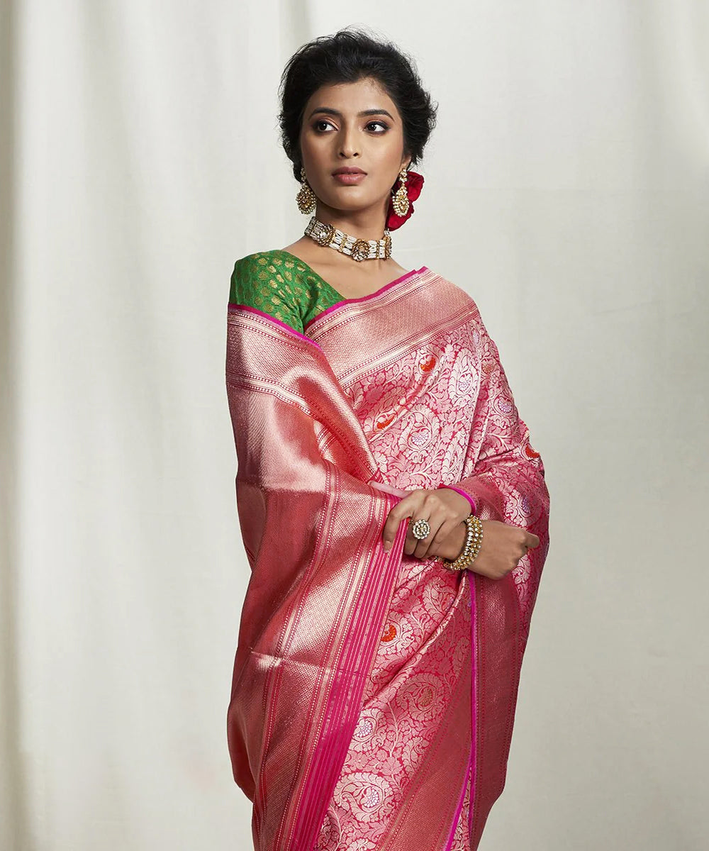Handwoven Pink Kimkhab Banarasi Saree With Paisleys