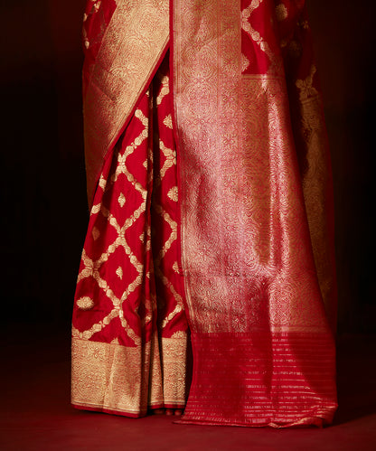 Handloom Red Pure Katan Silk Banarasi Saree With Gold Zari Jaal