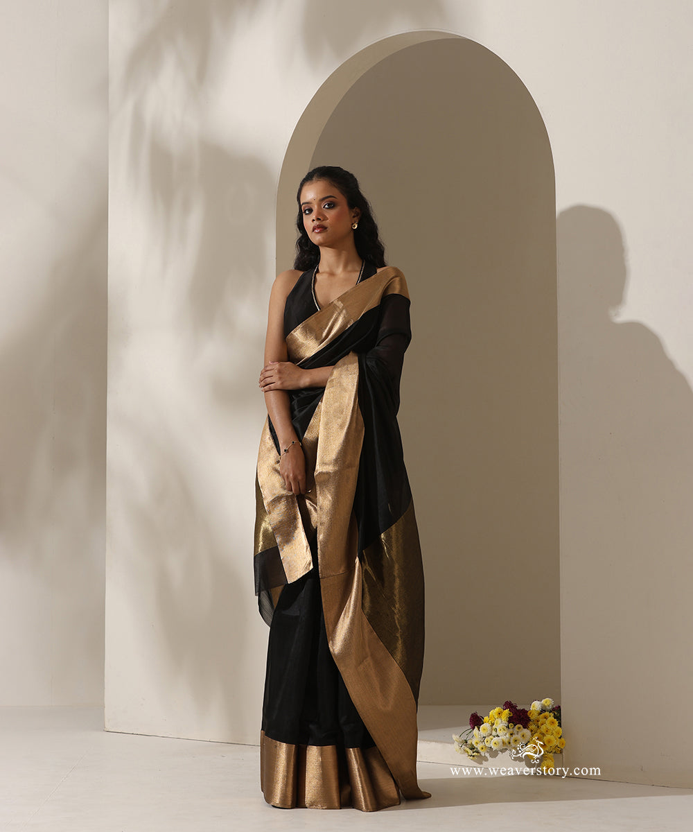 Black_Handloom_Pure_Silk_Chanderi_Handloom_Saree_With_Gold_Zari_Border_WeaverStory_01