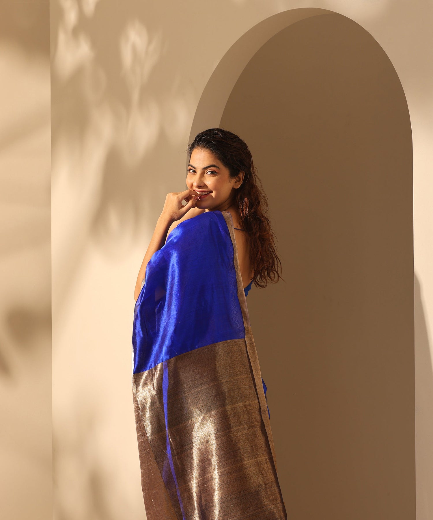 Electric Blue Handloom Pure Plain Chanderi Silk Saree With 6 Inches Border