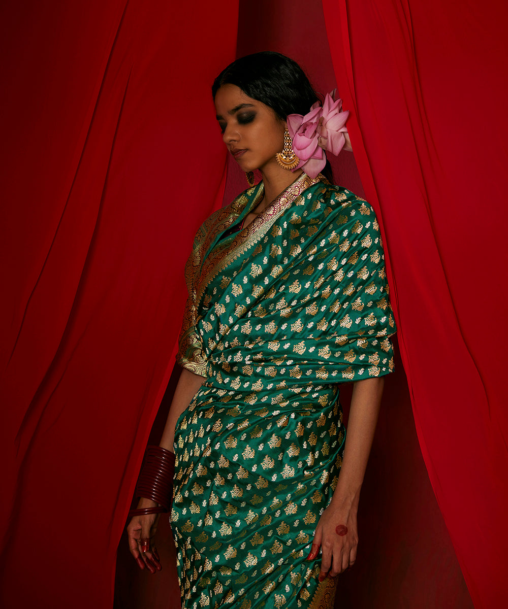 Teal Green Handloom Pure Katan Silk Banarasi Saree With Zari