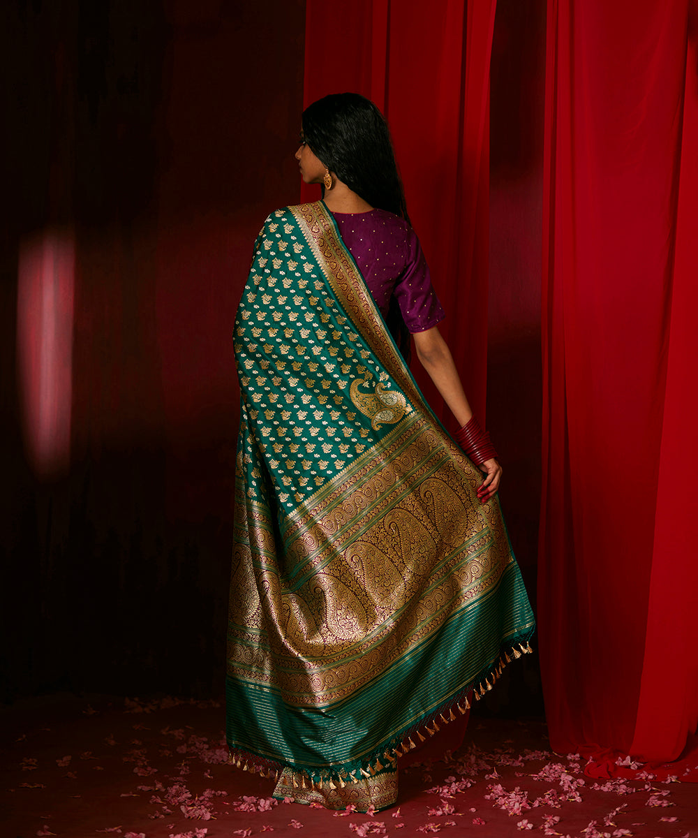 Teal Green Handloom Pure Katan Silk Banarasi Saree With Zari