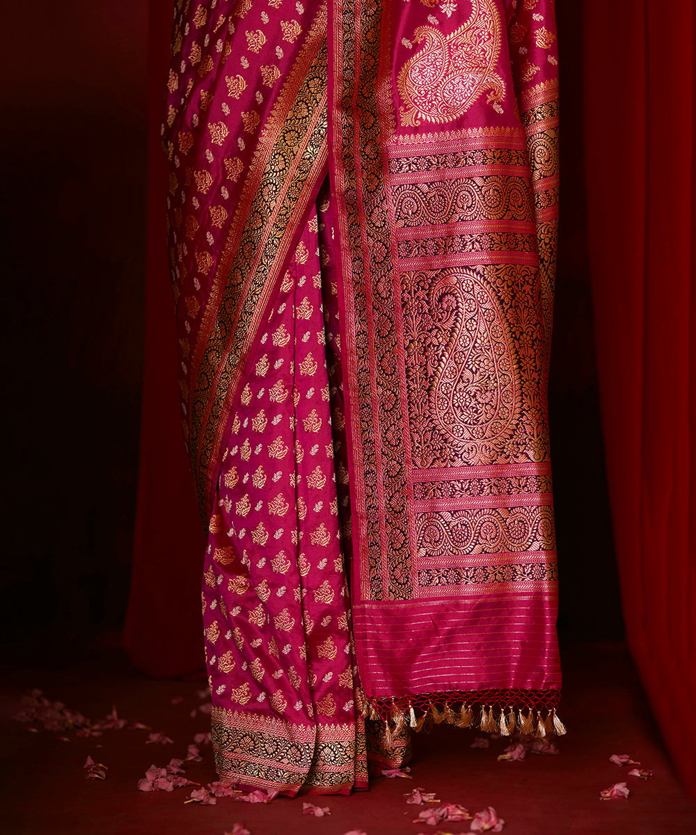Hot Pink Handloom Pure Katan Silk Banarasi Saree With Pure Zari and Meenakari