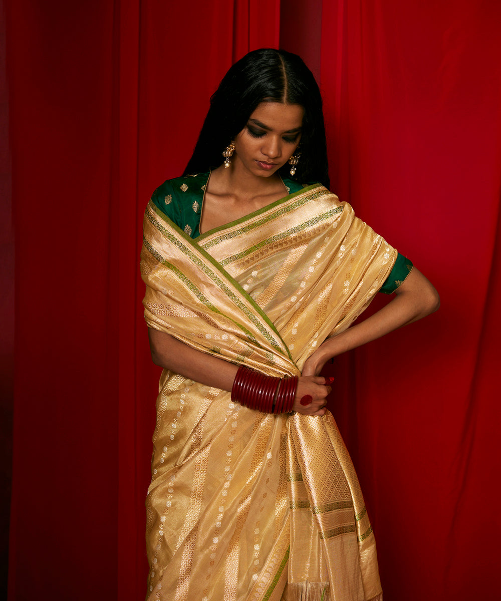 Gold Handloom Tissue Silk Banarasi Saree With Green Meenakari And Pure Zari