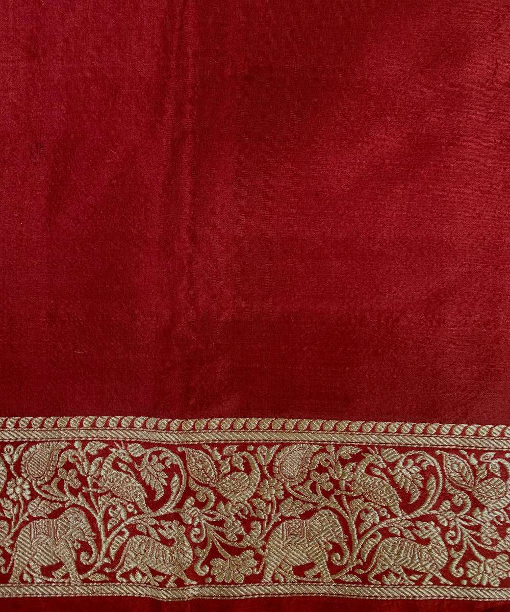 Red Handloom Pure Katan Silk Plain Banarasi Saree With Kadhwa Border And Palla In Zari - Pre Order