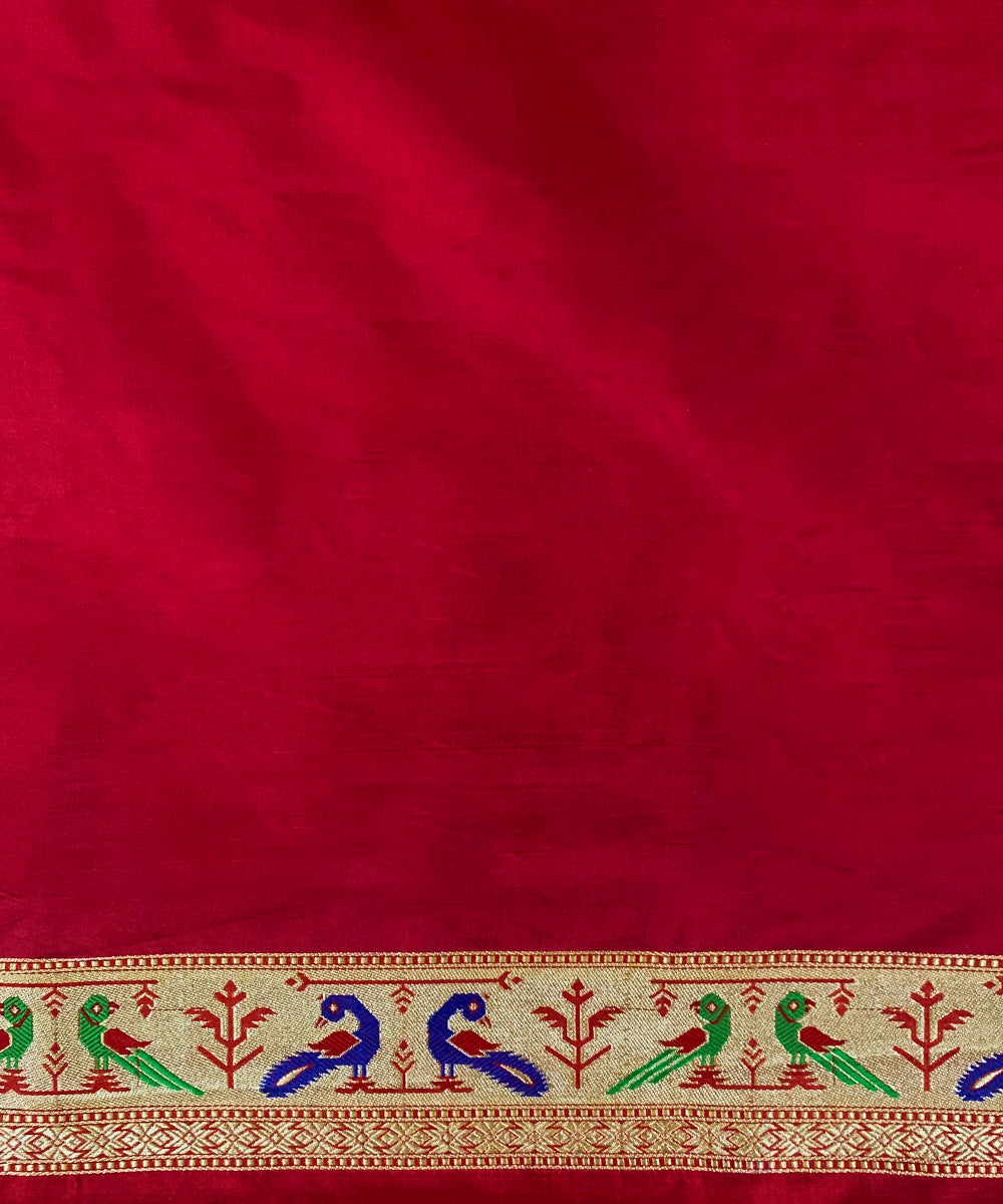 Red Handloom Pure Katan Silk Banarasi Saree With Paithani Border And Palla In Pure Zari