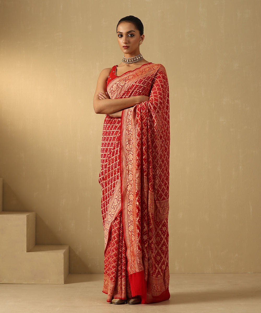 Handloom Red Pure Georgette Banarasi Bandhej Saree